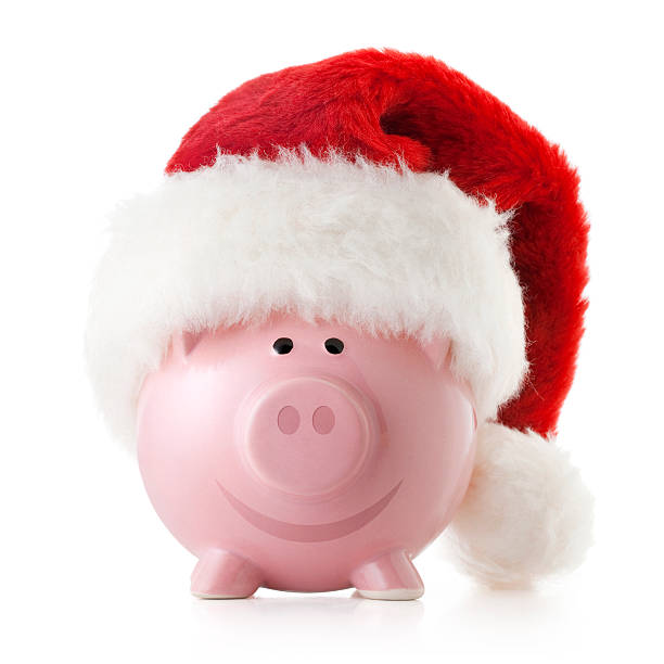 Christmas savings. Piggy bank with Santa hat.